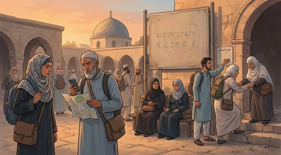 حجاج مسلمون بالقرب من مسجد يواجهون تحديات السفر.